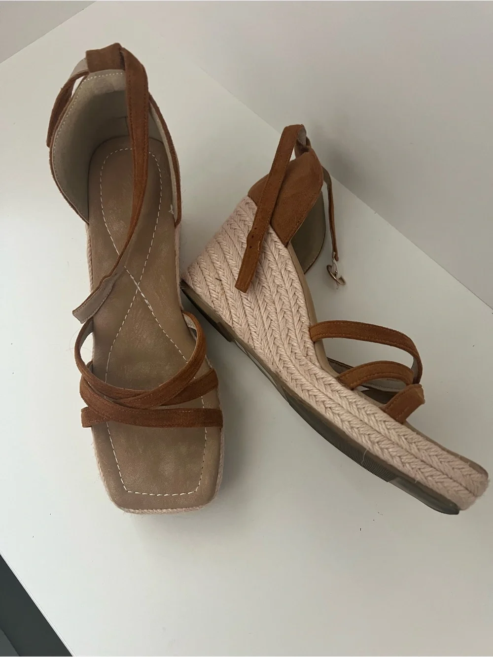 SHEIN Tan Suede Square-Toe Ankle Wrap Heels